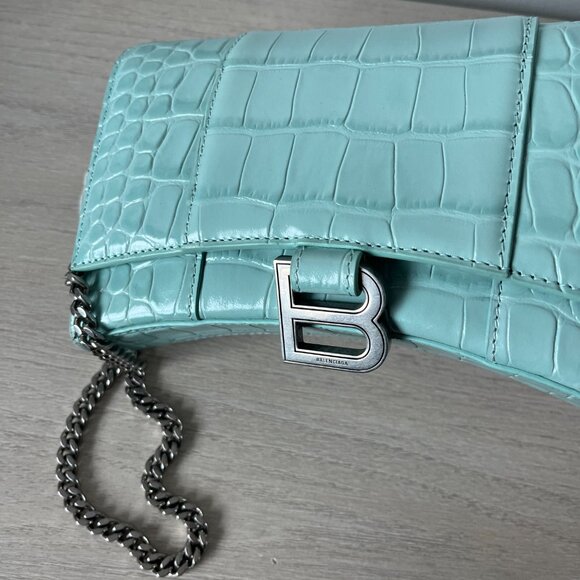 NWT Balenciaga Wallet On Chain Green Acqua Shiny Croc Embossed Leather - Picture 7 of 11